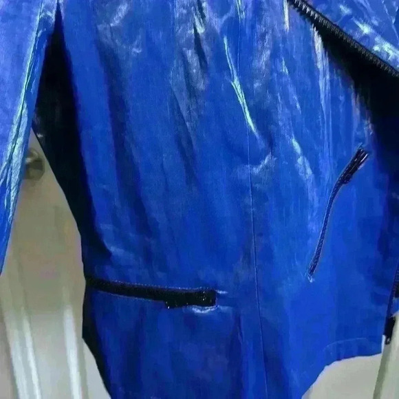 J’Envie NY Shiny Cobalt Blue Double Breasted Rain Jacket w/ Zippers Women Med - Picture 5 of 10